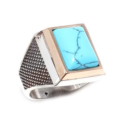 Silver Bronze Turquoise Stoned Mens Ring, Rectangle - 1