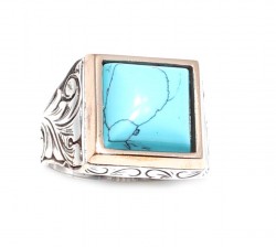 Silver Bronze Turquoise Stoned Mens Ring, Square - 3