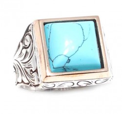 Silver Bronze Turquoise Stoned Mens Ring, Square - 2