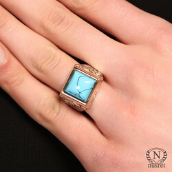 Silver Bronze Turquoise Stoned Mens Ring, Square - Nusrettaki