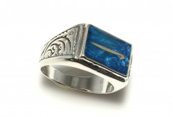Silver Elif Arabic Letter Blue Enamelled Men's Ring - Nusrettaki