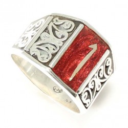 Silver Elif Arabic Letter Red Enamelled Men's Ring - Nusrettaki