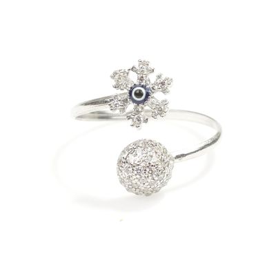 Silver Evil Eye and Snowflake Ring with White Stone - 1