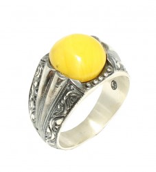 Silver Hand Carved Men Ring Round Amber - 2