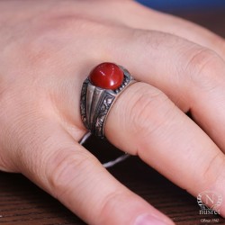 Silver Hand Carved Men Ring Round Amber - 1