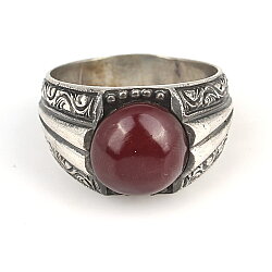 Silver Hand Carved Men Ring Round Amber - 4