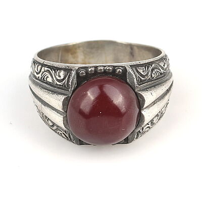 Silver Hand Carved Men Ring Round Amber - 4