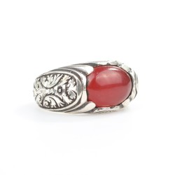 Silver Hand-carved Men Ring with Agate - 2