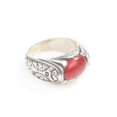 Silver Hand-carved Men Ring with Agate - 5