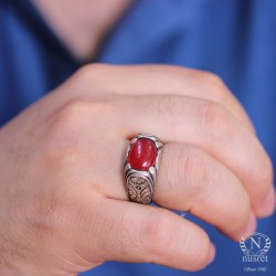 Silver Hand-carved Men Ring with Agate - Nusrettaki