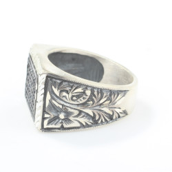 Silver Hand Carved Men Ring with CZ - 3
