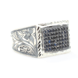 Silver Hand Carved Men Ring with CZ - 2