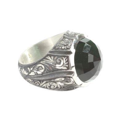 Silver Hand-carved Men's Ring with Synthetic Emerald - 2
