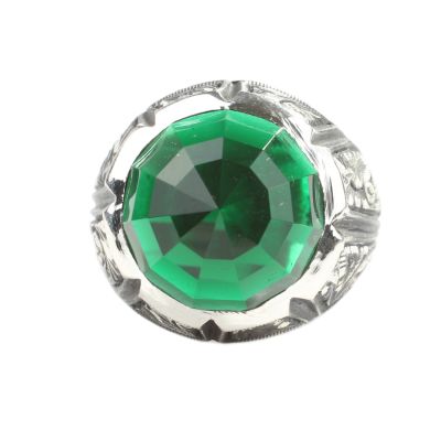 Silver Hand-carved Men's Ring with Synthetic Emerald - 3