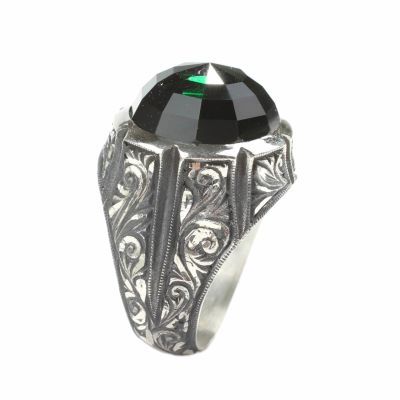 Silver Hand-carved Men's Ring with Synthetic Emerald - 4
