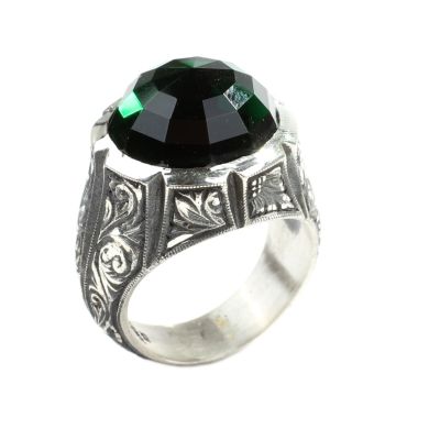 Silver Hand-carved Men's Ring with Synthetic Emerald - 5