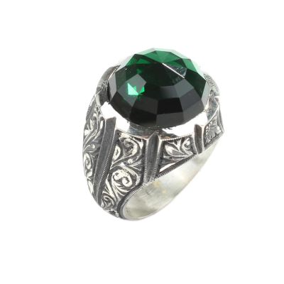 Silver Hand-carved Men's Ring with Synthetic Emerald - 6