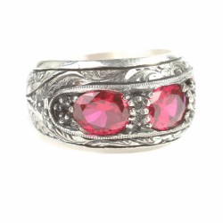 Silver Hand-carved Men's Ring with Synthetic Ruby - 2