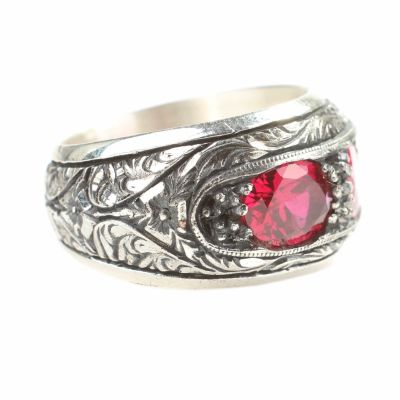 Silver Hand-carved Men's Ring with Synthetic Ruby - 3