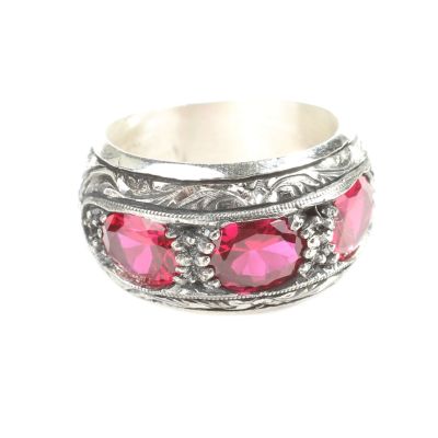 Silver Hand-carved Men's Ring with Synthetic Ruby - 5