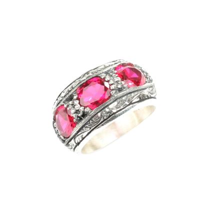 Silver Hand-carved Men's Ring with Synthetic Ruby - 6
