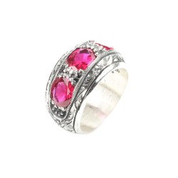 Silver Hand-carved Men's Ring with Synthetic Ruby - 7