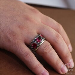 Silver Hand-carved Men's Ring with Synthetic Ruby - Nusrettaki