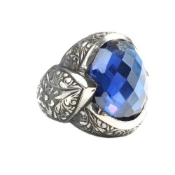 Nusrettaki - Silver Hand-carved Men's Ring with Synthetic Sapphire