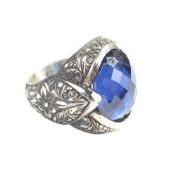 Silver Hand-carved Men's Ring with Synthetic Sapphire - 2