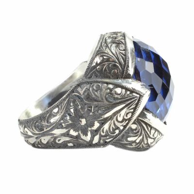 Silver Hand-carved Men's Ring with Synthetic Sapphire - 3