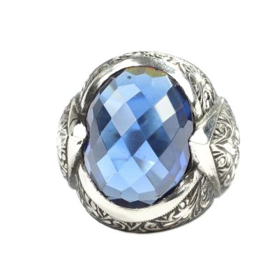 Silver Hand-carved Men's Ring with Synthetic Sapphire - 4