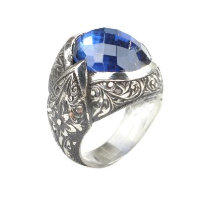 Silver Hand-carved Men's Ring with Synthetic Sapphire - 5