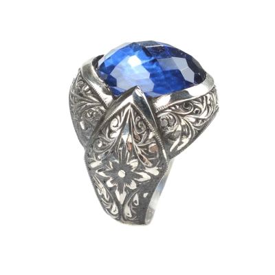 Silver Hand-carved Men's Ring with Synthetic Sapphire - 6