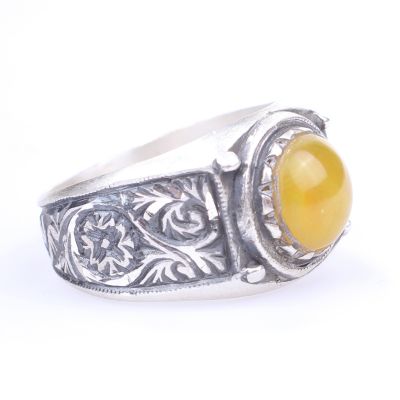 Silver Hand-carved Ring with Amber - 2