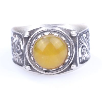 Silver Hand-carved Ring with Amber - 4