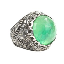 Silver Hand-carved Ring with Synthetic Emerald For Men - 1
