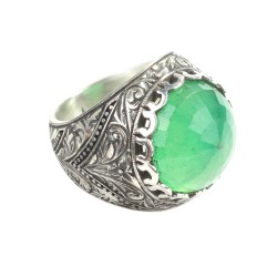 Silver Hand-carved Ring with Synthetic Emerald For Men - 2
