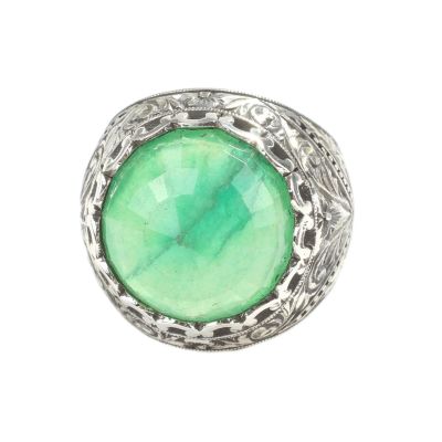 Silver Hand-carved Ring with Synthetic Emerald For Men - 3