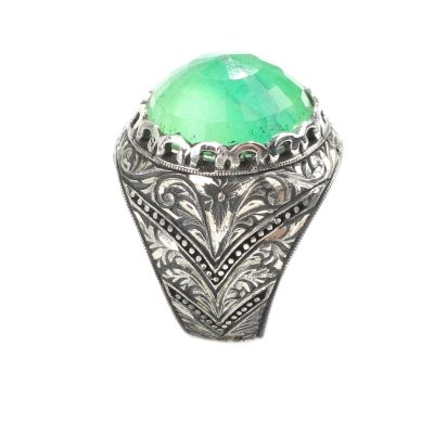 Silver Hand-carved Ring with Synthetic Emerald For Men - 4