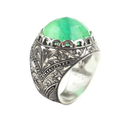 Silver Hand-carved Ring with Synthetic Emerald For Men - 5