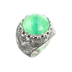 Silver Hand-carved Ring with Synthetic Emerald For Men - 6