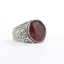 Silver Hand-carved Ring with Synthetic Ruby For Men - Nusrettaki (1)