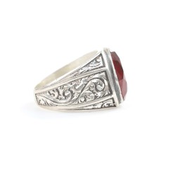 Silver Hand-carved Ring with Synthetic Ruby For Men - 3