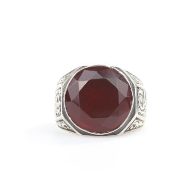 Silver Hand-carved Ring with Synthetic Ruby For Men - 4