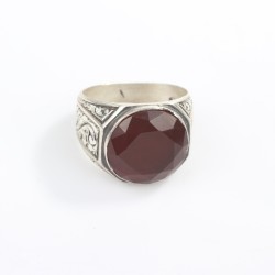 Silver Hand-carved Ring with Synthetic Ruby For Men - 5