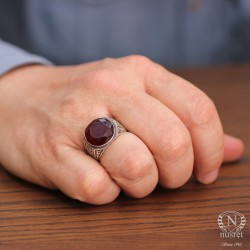 Silver Hand-carved Ring with Synthetic Ruby For Men - Nusrettaki