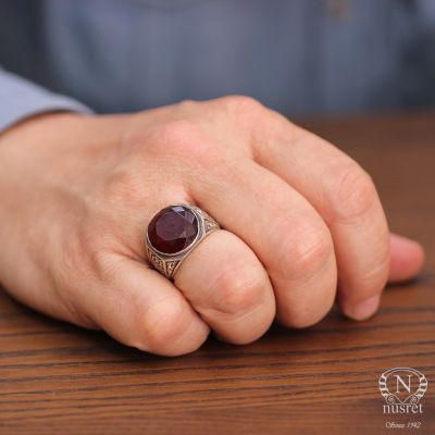 Silver Hand-carved Ring with Synthetic Ruby For Men - 1