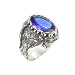 Silver Hand-carved Ring with Synthetic Sapphire For Men - Nusrettaki (1)