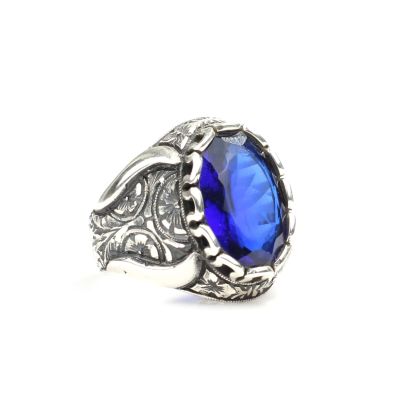 Silver Hand-carved Ring with Synthetic Sapphire For Men - 3