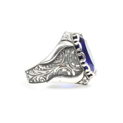 Silver Hand-carved Ring with Synthetic Sapphire For Men - 4